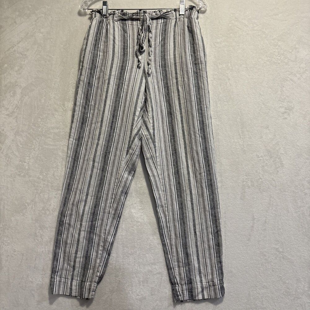 Beach Lunch Lounge Tapered Leg Linen Blend Striped Elastic Waist Pants Small
